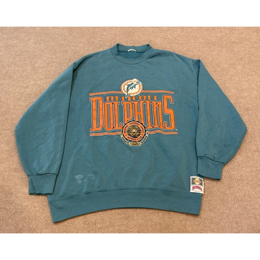 Miami Dolphins NFL Sweater Vintage Size Large Teal Blue 1993 Nutmeg Mills USA